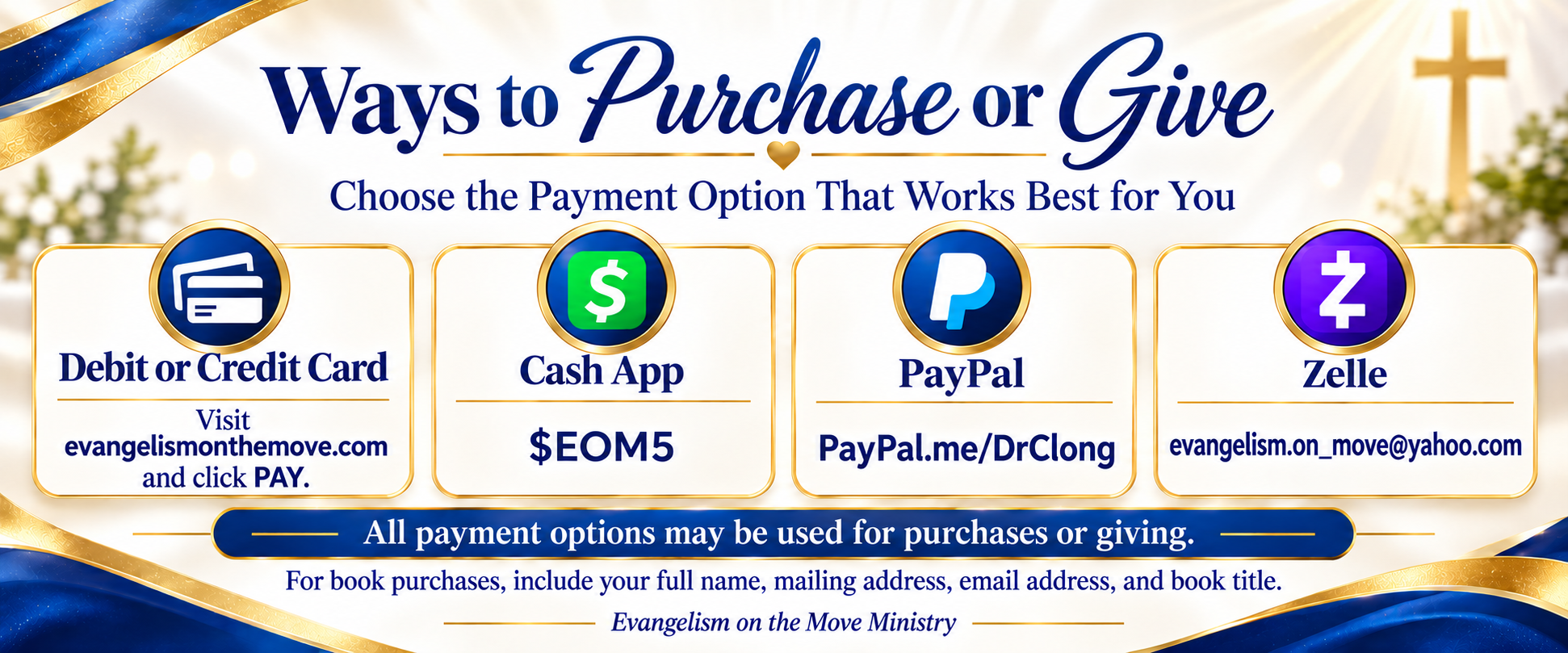 Ways to Purchase or Give — Debit/Credit Card, Cash App ($EOM5), PayPal (PayPal.me/DrClong), Zelle (evangelism.on_move@yahoo.com)